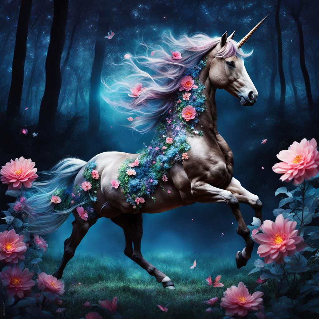 Dreamlike Forest with Unicorn in Surreal Night Sky