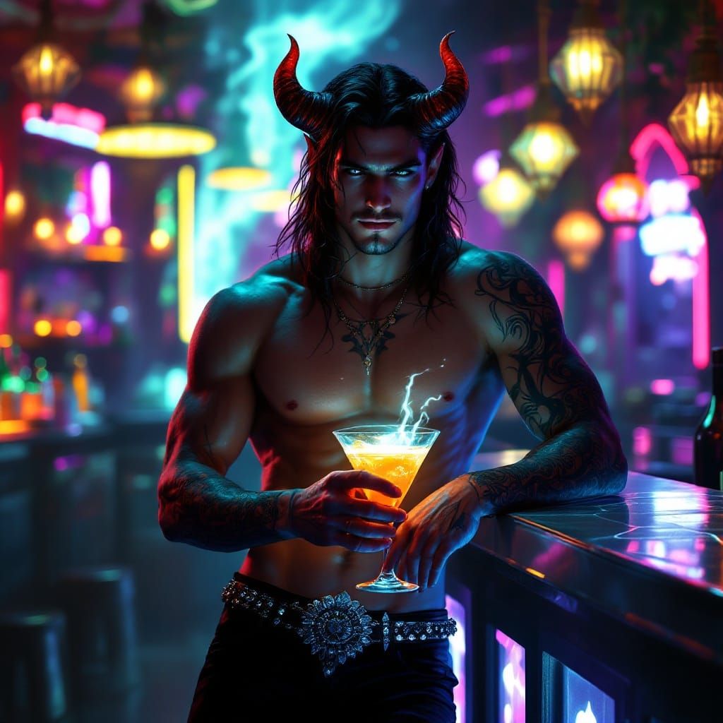 Tiefling in a Vibrant, Neon-Lit Bar