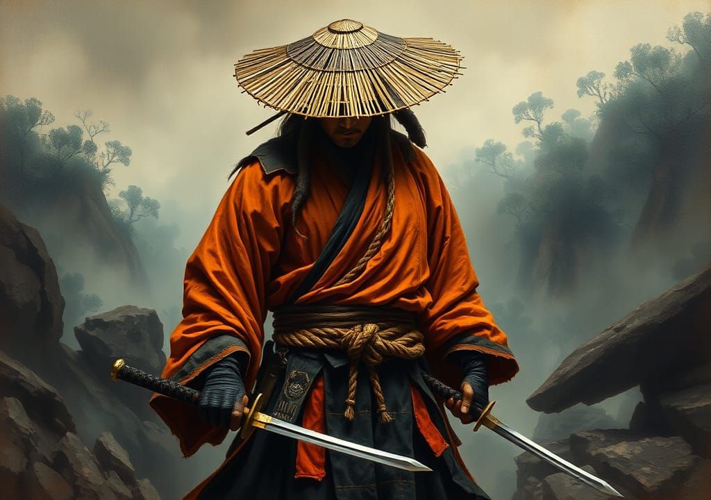 Samurai in Straw Hat Amidst Mystical Landscape