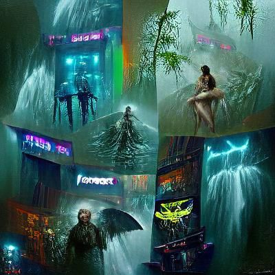 Cyberpunk Rainforest Fairies by Waterfall