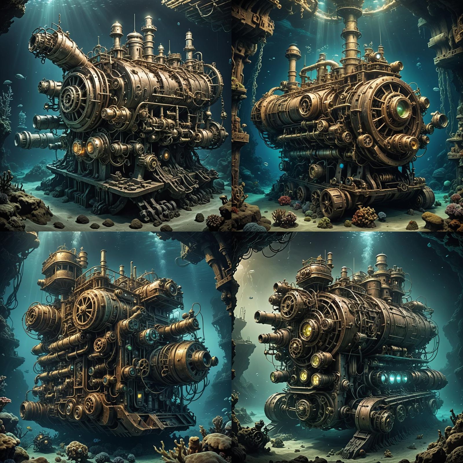 Bioluminescent Shipwreck in Mariana Trench with Steampunk En...