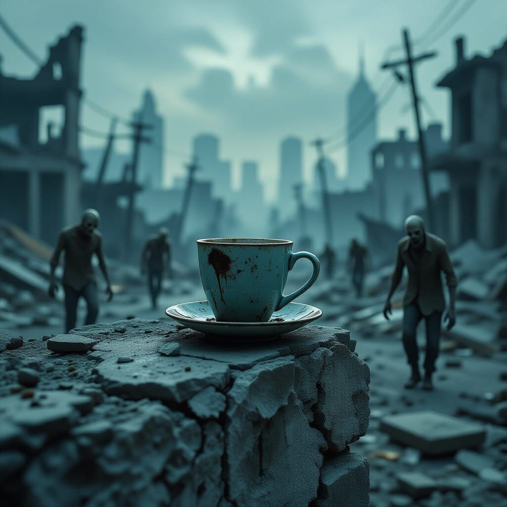 Coffee Cup in Ruined City with Zombies