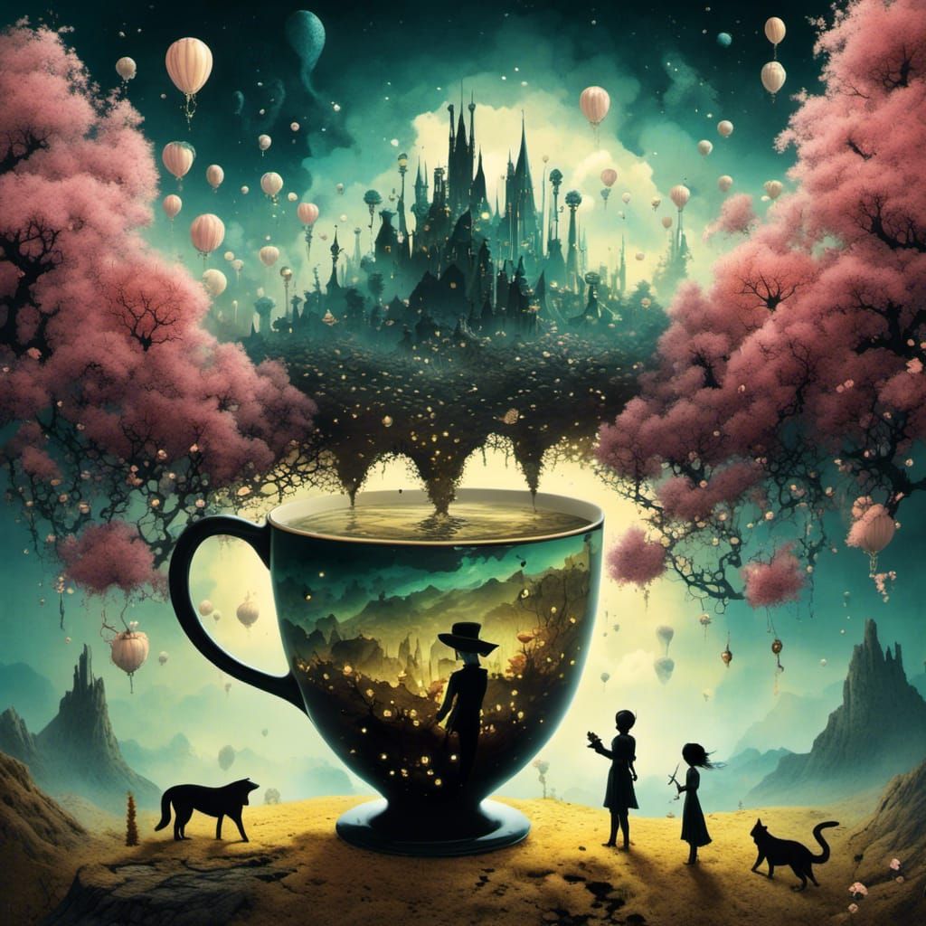Surreal Landscape in Cup, Whimsical Digital Art
