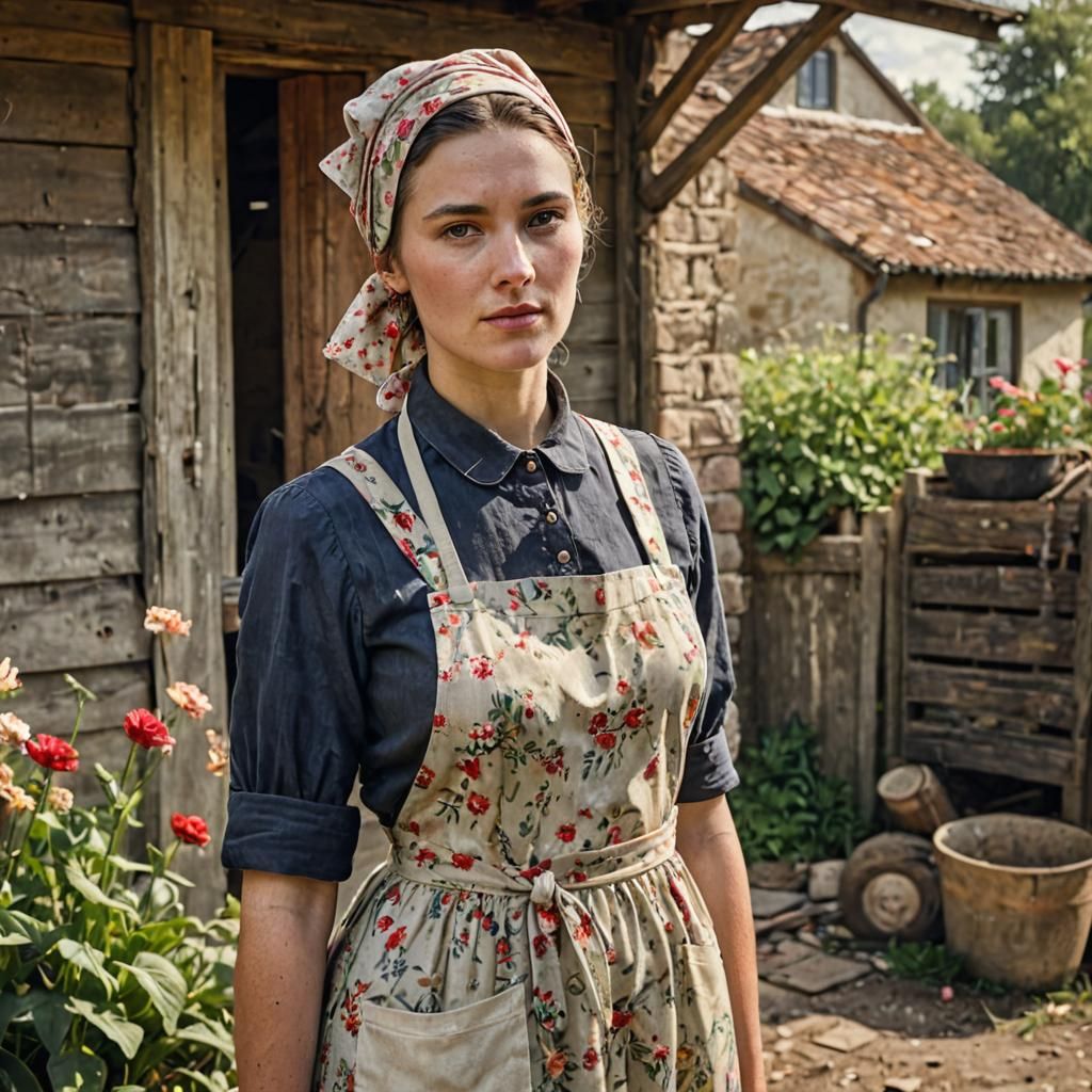 Wartime Farmer Woman in Rustic Farm Yard