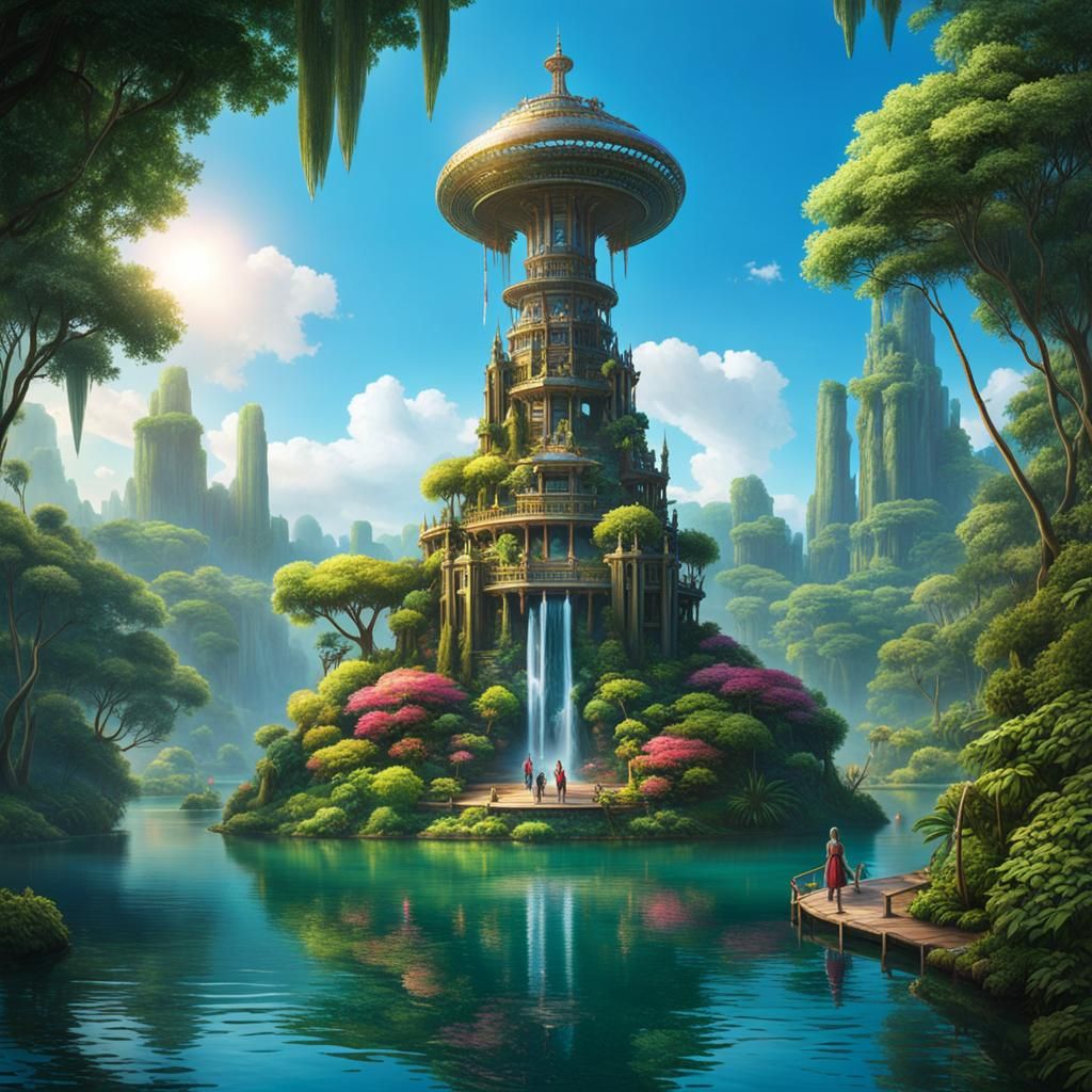 Solarpunk Spire Amidst Island Paradise