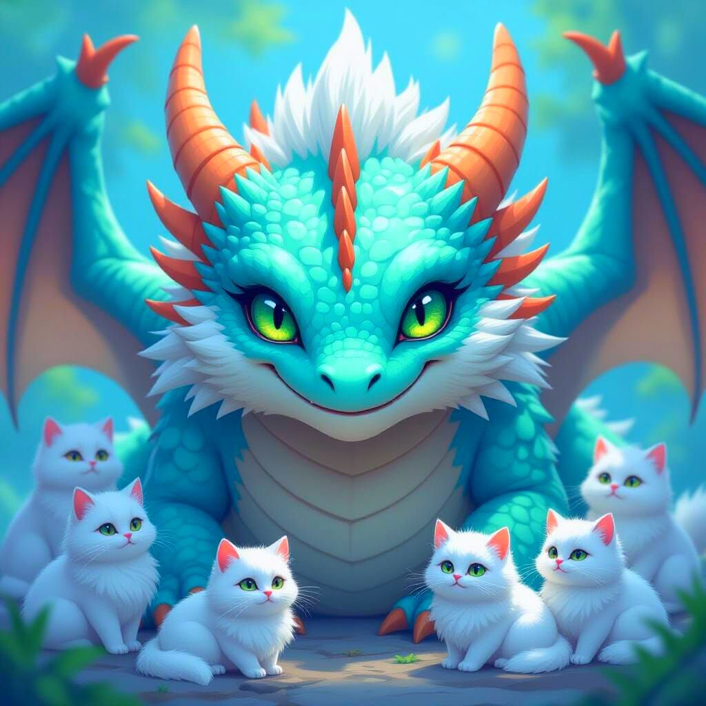 Dragon with Fluffy White Cats in Modern Artistic Style