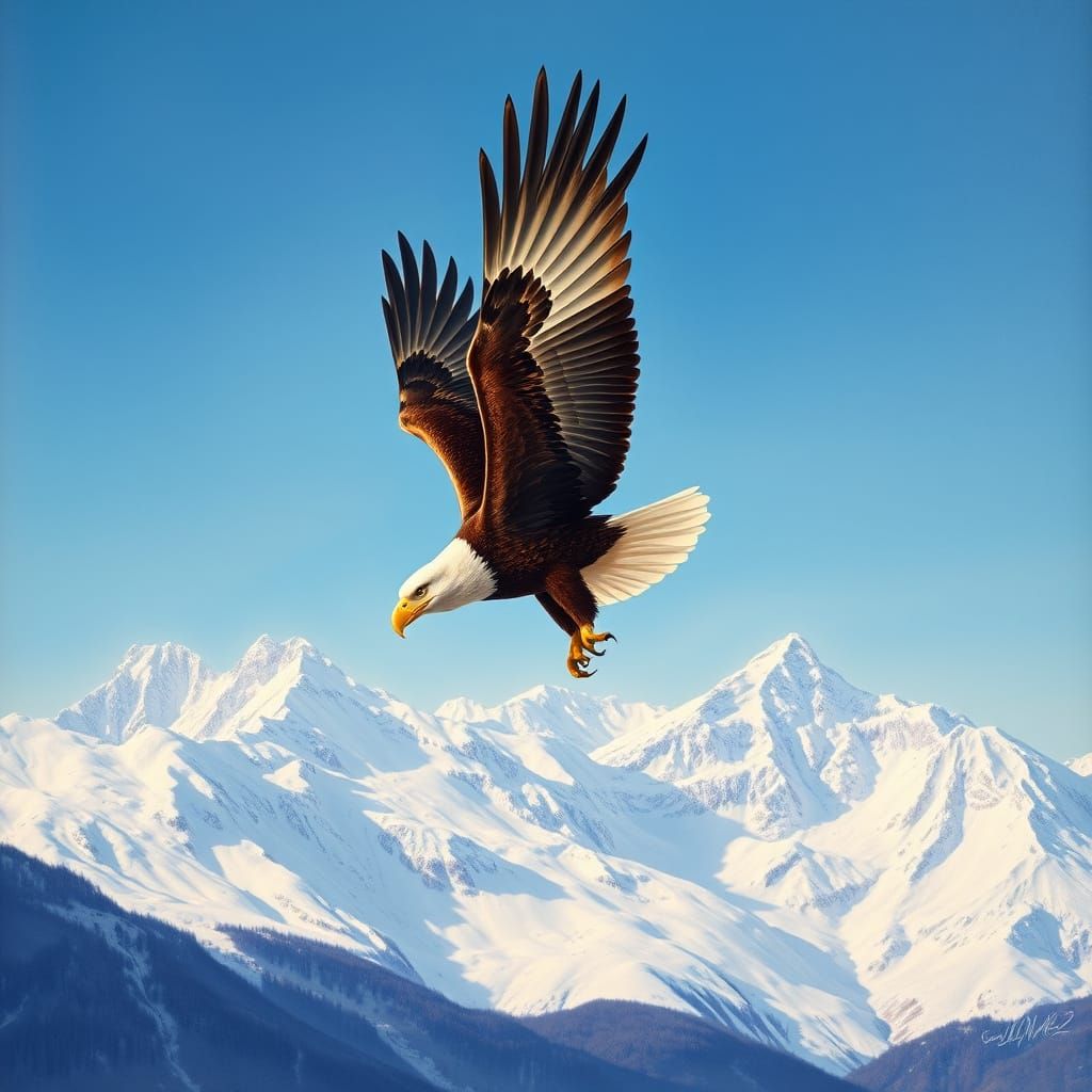 Bald Eagle Soaring Above Snowy Mountains: Oil Painting