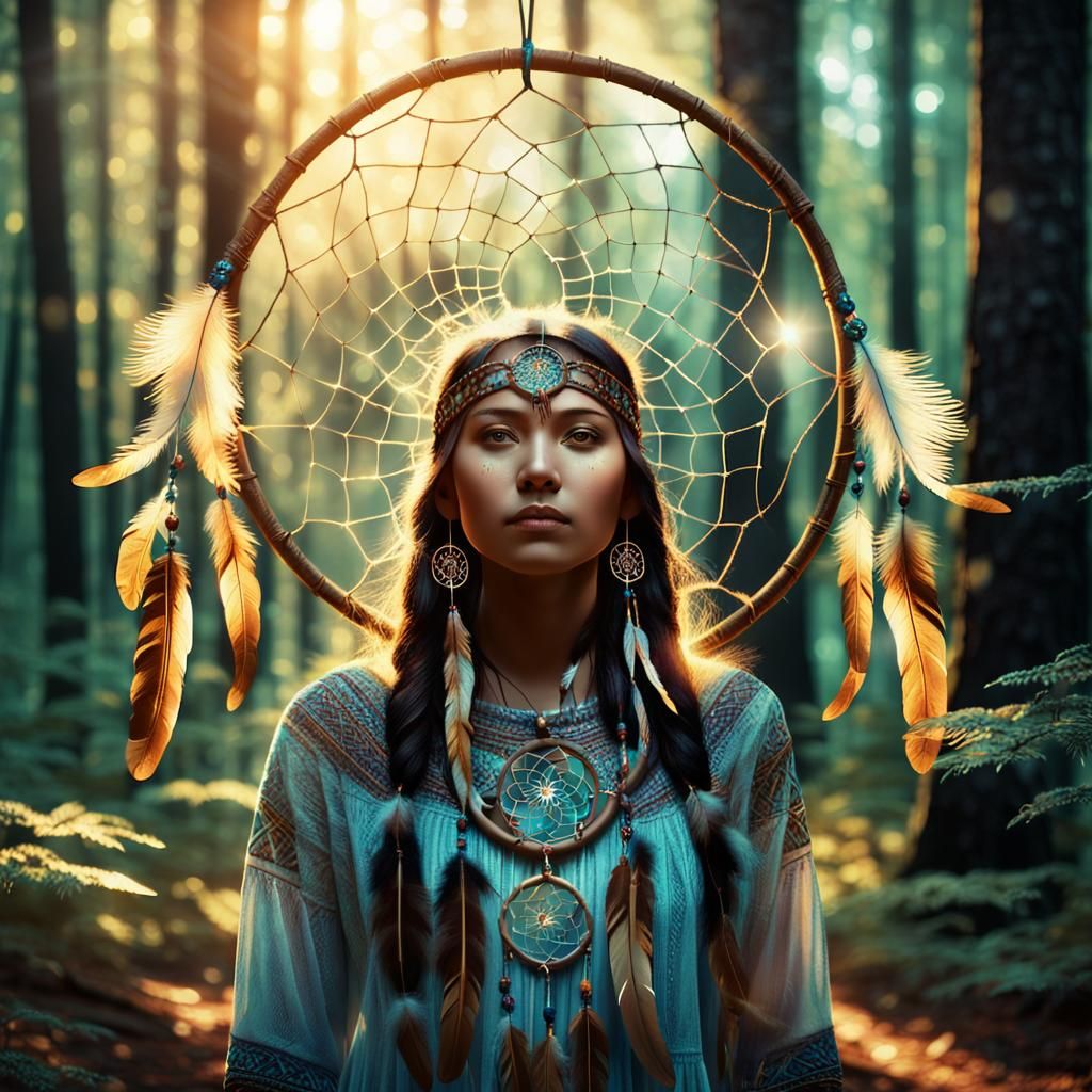 Woman with Dream Catcher in Mystical Forest