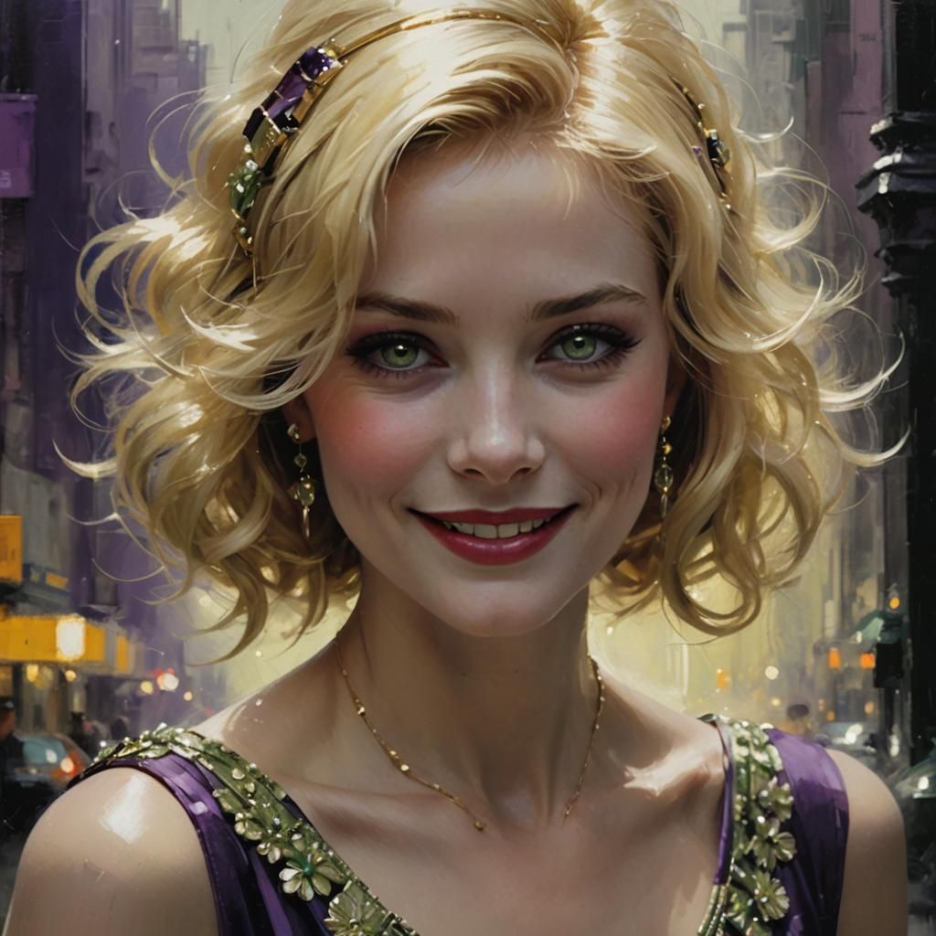 Laughing Blonde in Art Deco Style with Purple Accents