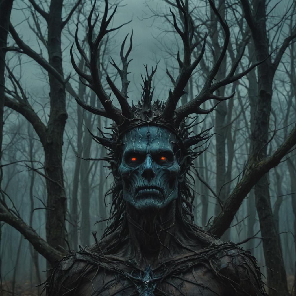 Demonic King with Crown in Dark Fantasy Woodland