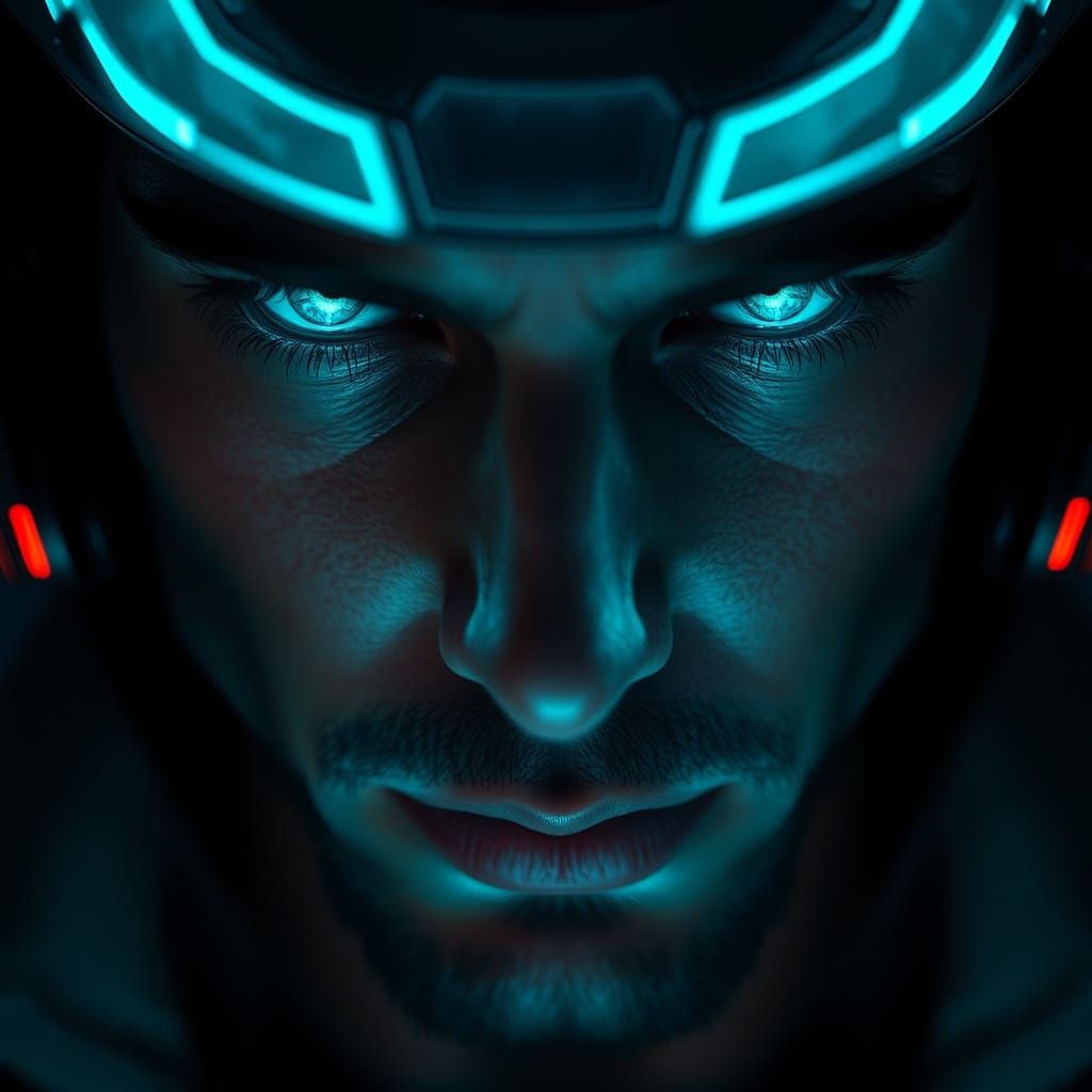 Cyberpunk Man's Face with Glowing Cyan Eyes