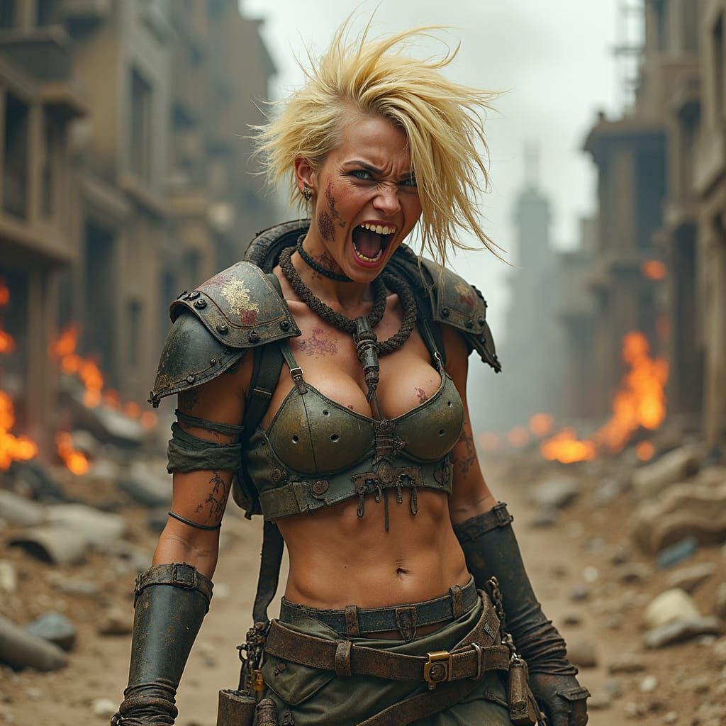 Fierce Dieselpunk Warrior in Post-Apocalyptic Ruins