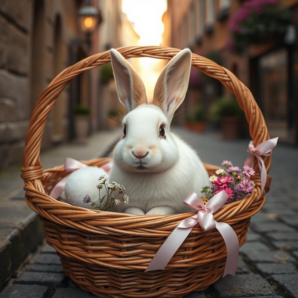 Rabbit in Basket: Hyperrealistic Digital Art