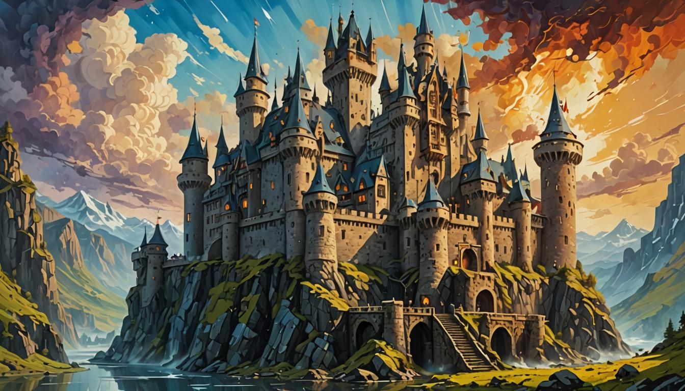 Technological Castle with Epic Machines in Oil Painting Styl...