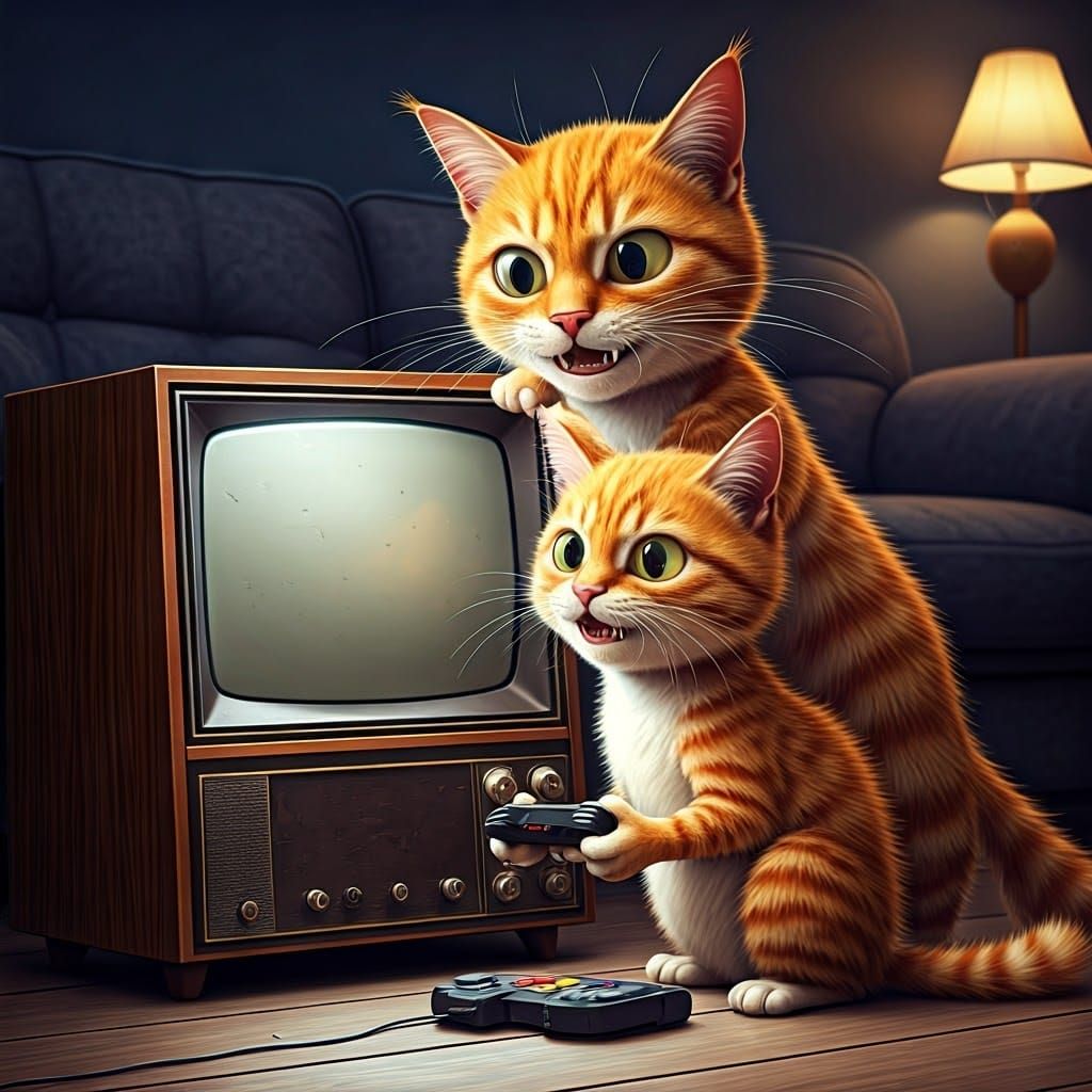 Zany Cartoon Cats Playing Retro Video Game