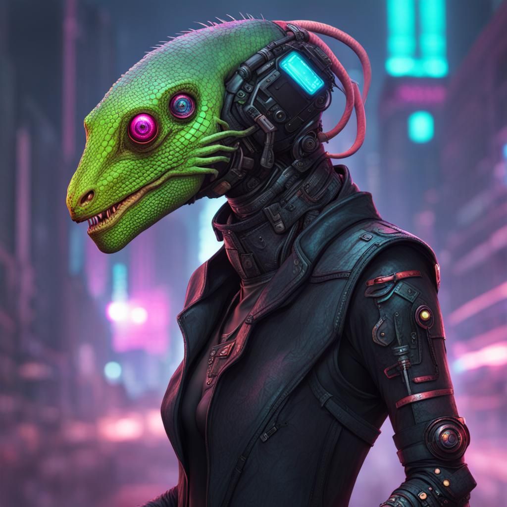 Cyberpunk Lizard Person with Augmentations