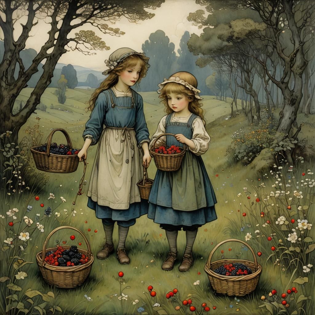 Berry Picking Siblings in Enchanted Meadow