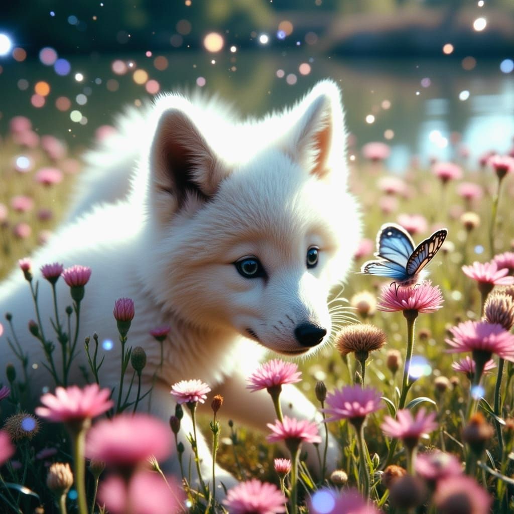 A White Wolf Pup Explores Spring Meadow in Don Macana Style