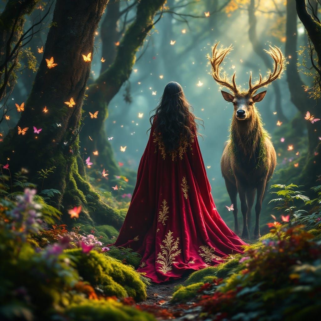 Regal Witch Amidst Whimsical Forest in Crimson Velvet Cloak