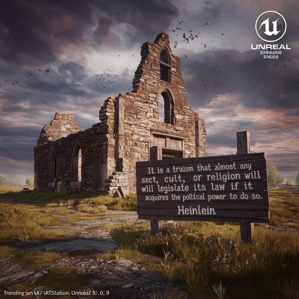 Dark Sign with Heinlein Quote at Church Ruins