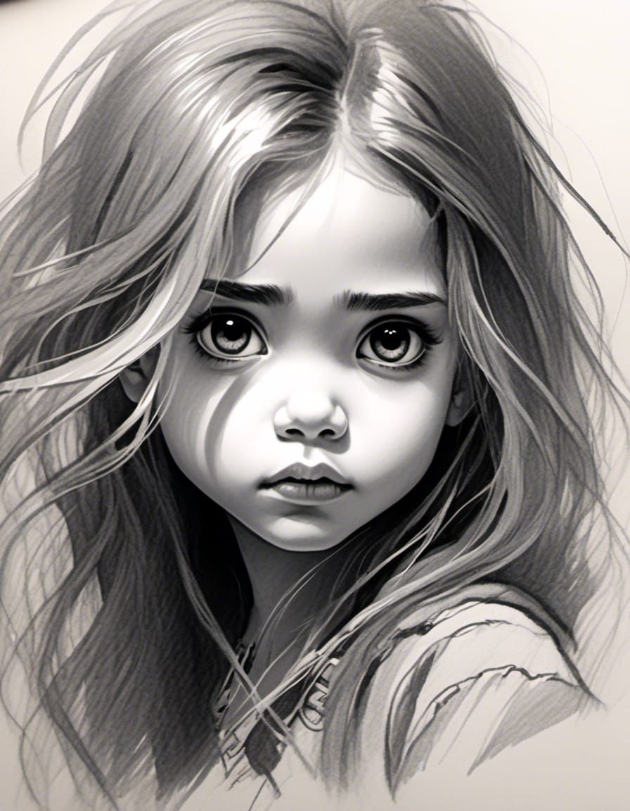 Detailed Sketch of a Girl in Black and White
