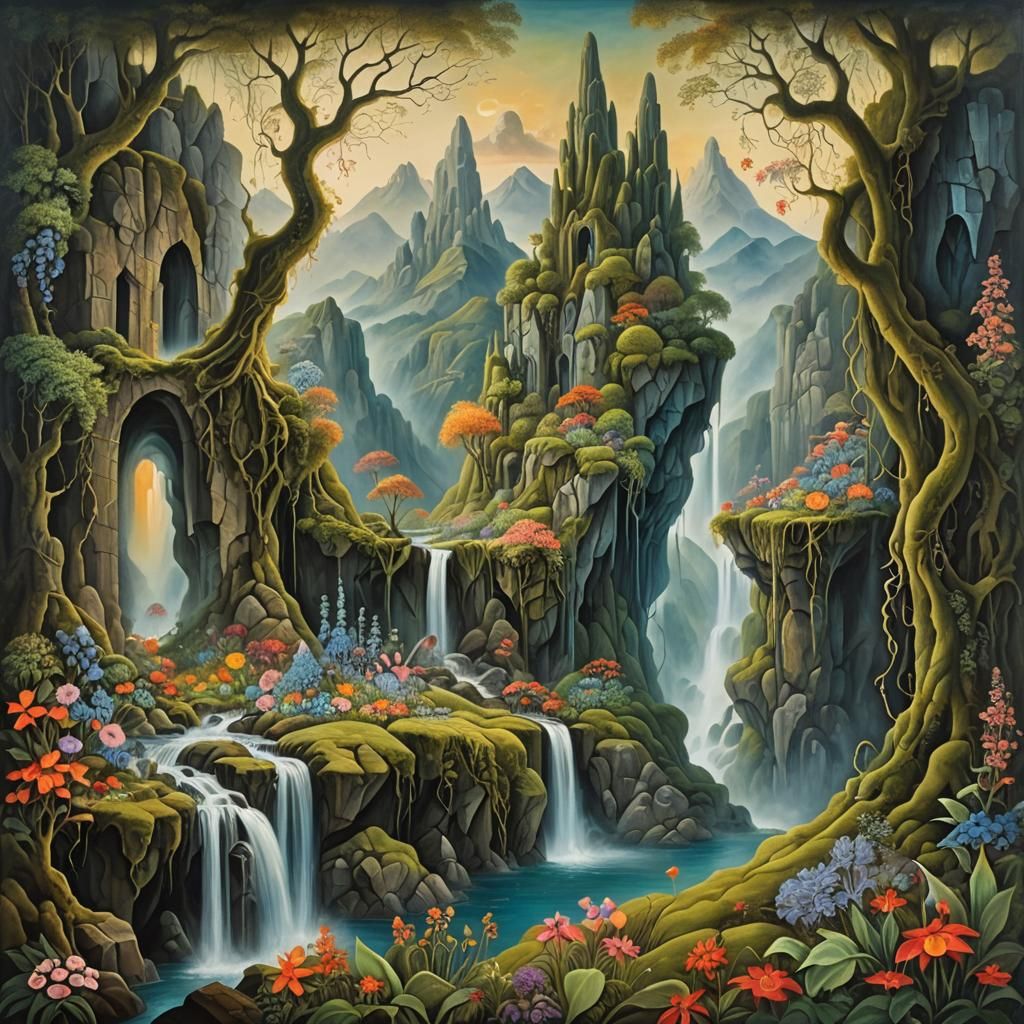 Mystical Landscape Painting in Surrealist Style
