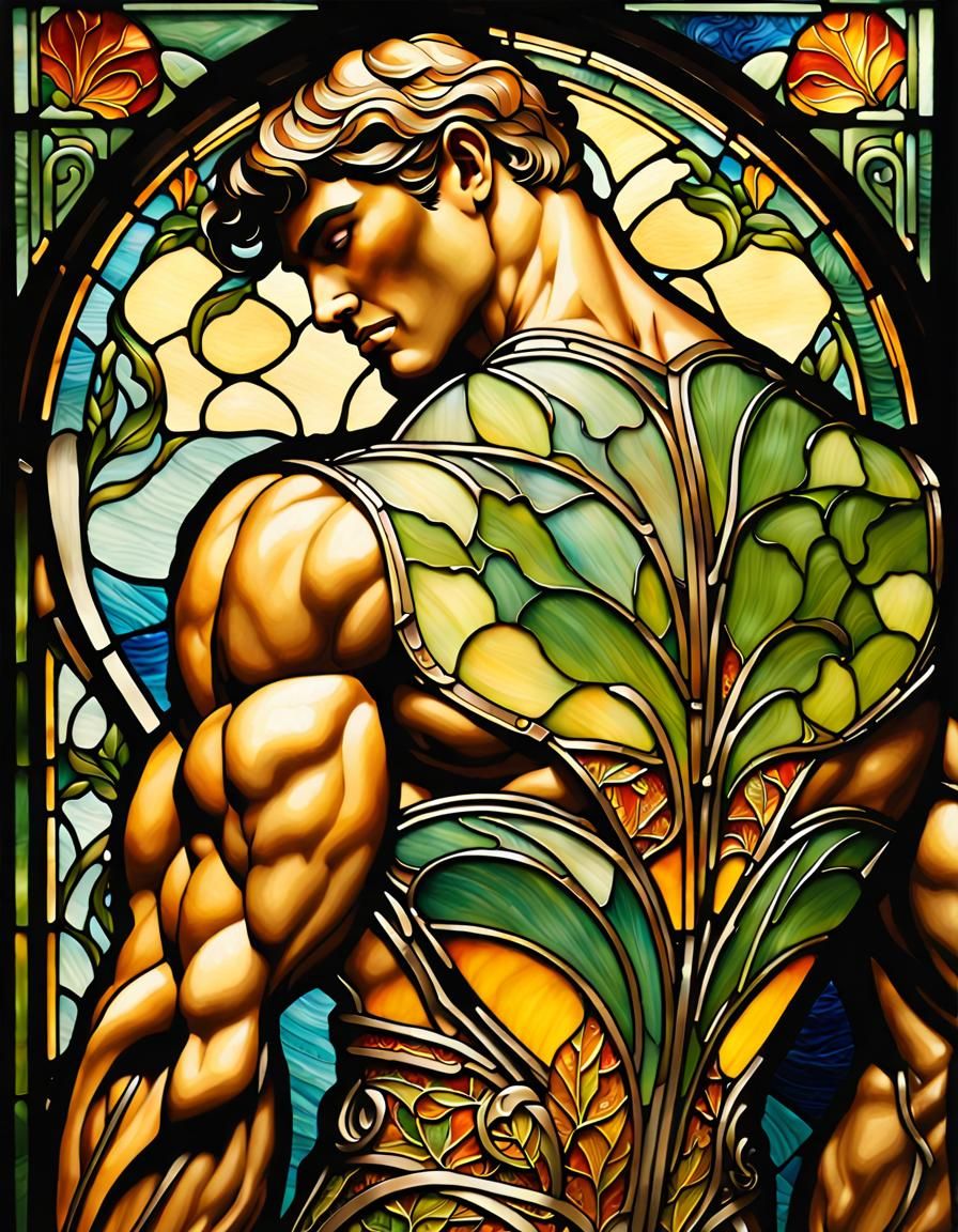 Art Nouveau Warrior with Leaf Mark in Stained Glass