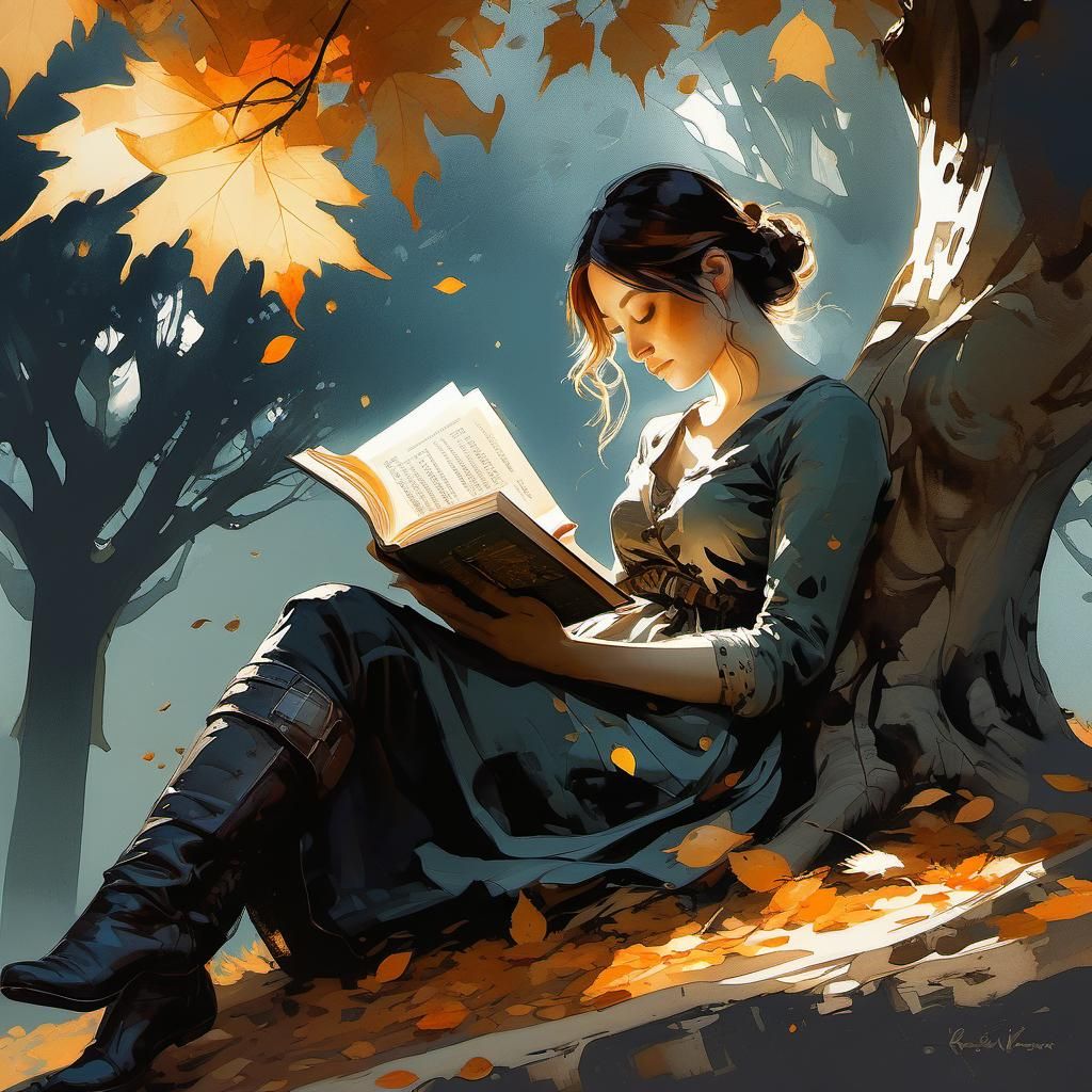 Girl Reading with Kitten, Watercolor Painting