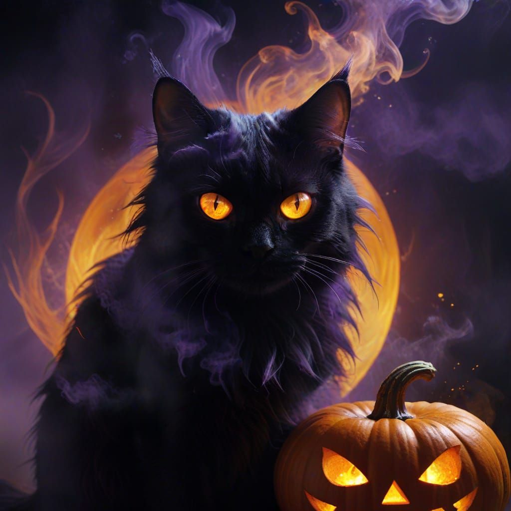 Eerie Cat Emerges From Halloween Pumpkin in Surreal Style