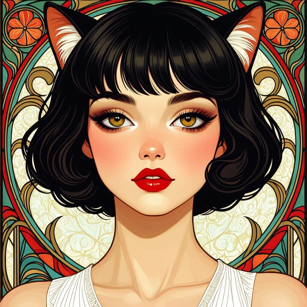 Elegant Woman with Feline Eyes in Art Nouveau Style