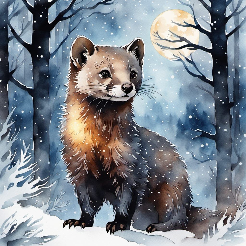 Pine Marten in Winter Forest: Watercolor Illustration
