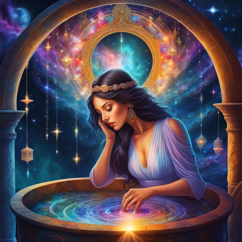 Woman at Cosmic Wishing Well, Holographic Illustration