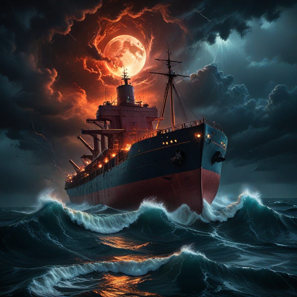 Giant Freighter Sinks in Devil's Sea: Dark Fantasy Art