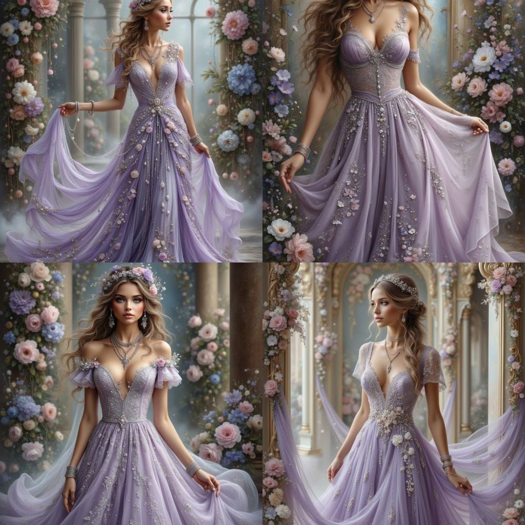 Woman in Shimmering Lavender Gown with Floral Embroidery