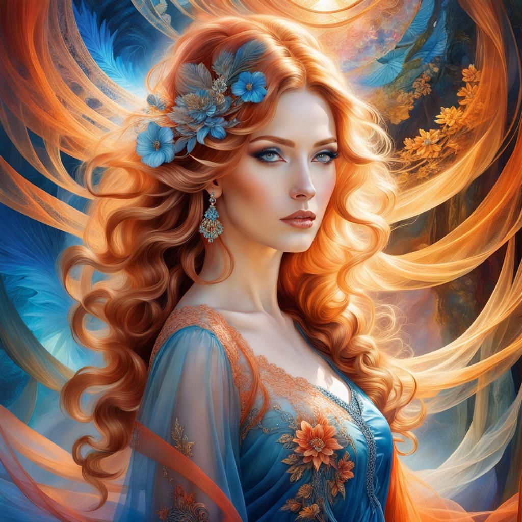 Modern Young lovely Woman with Red Blond wavy long hair