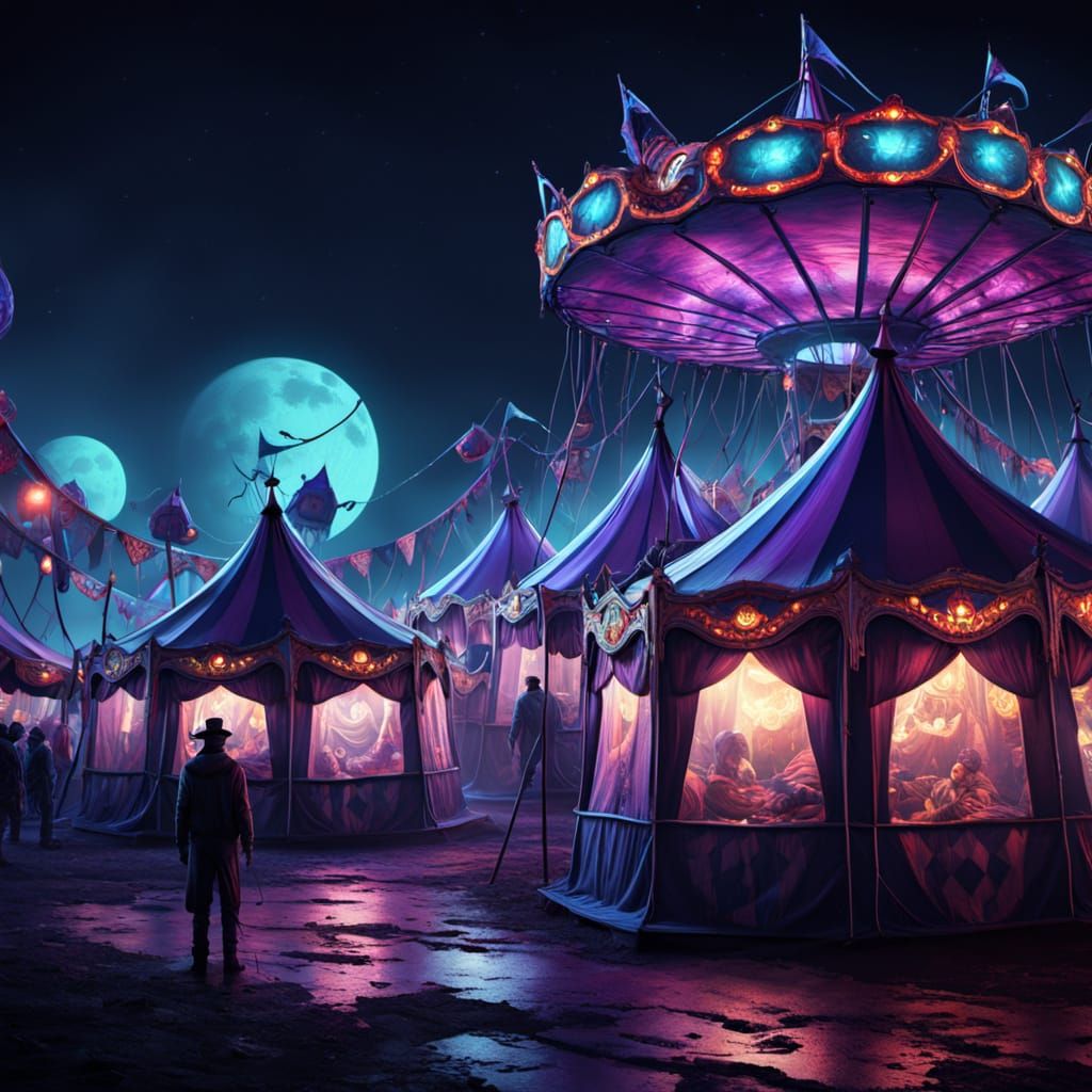 Midnight Carnival: Eerie Dystopian Surrealism in Digital Art