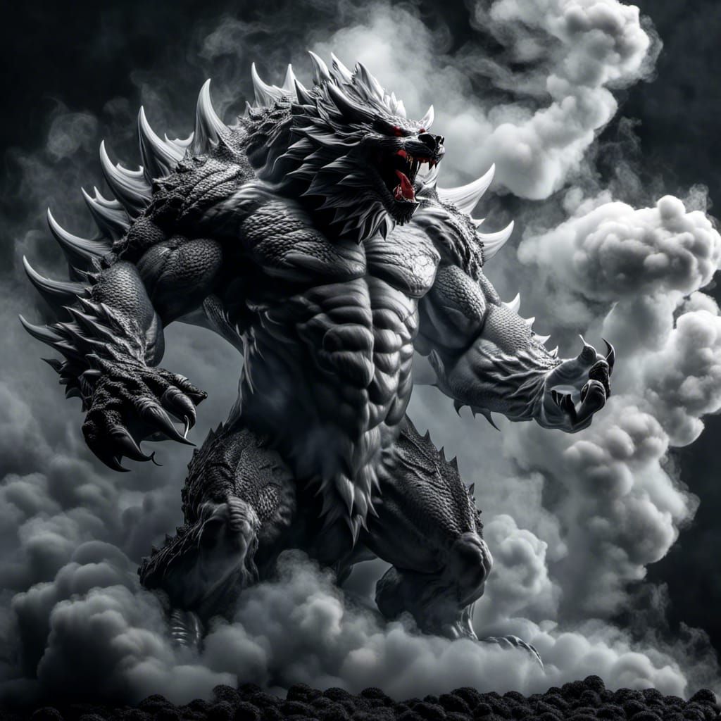 Frosty Demon Dragon-Bear in Dark Smoke