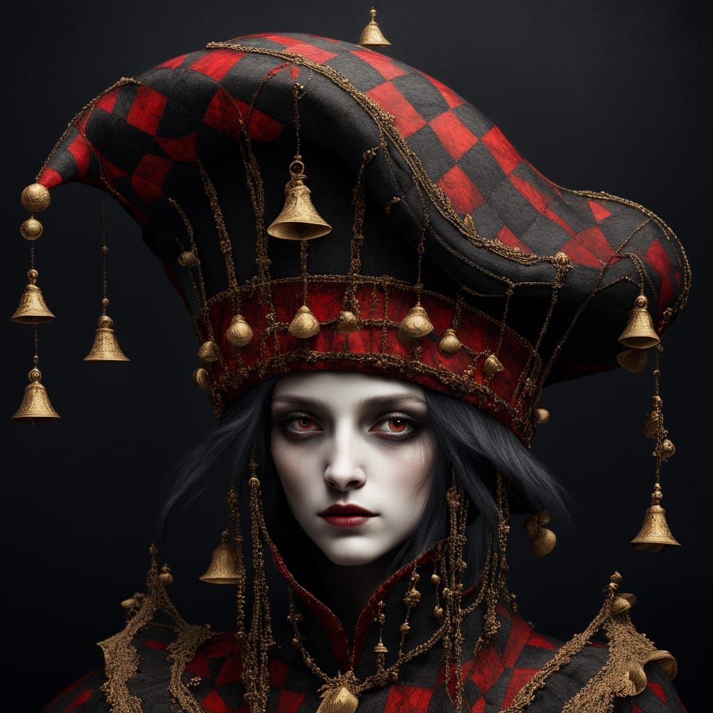 a black and red checkered pattern jester hat intricately detailed