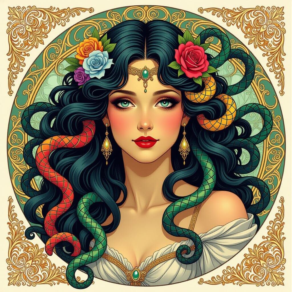 Medusa with Colorful Snake Hair in Art Nouveau Style