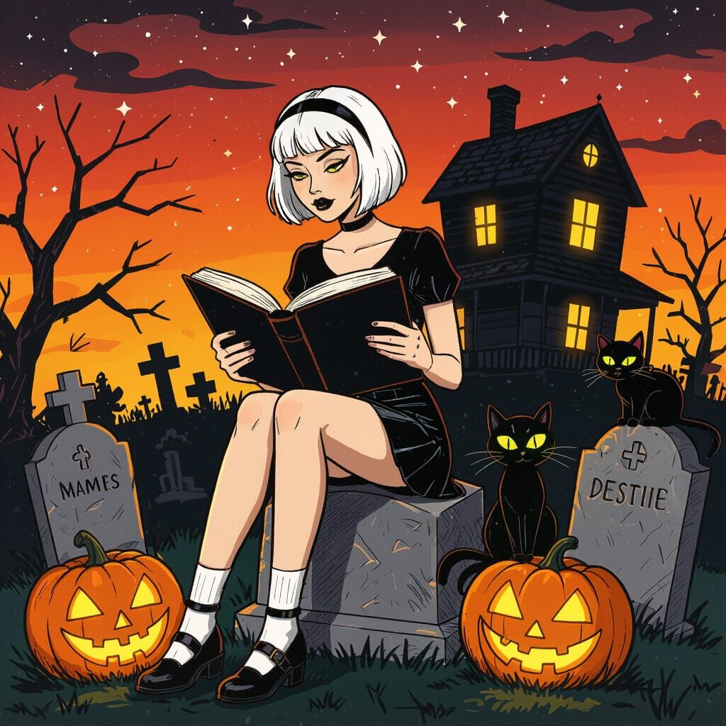 Spooky Comic Style Woman Reading in Graveyard