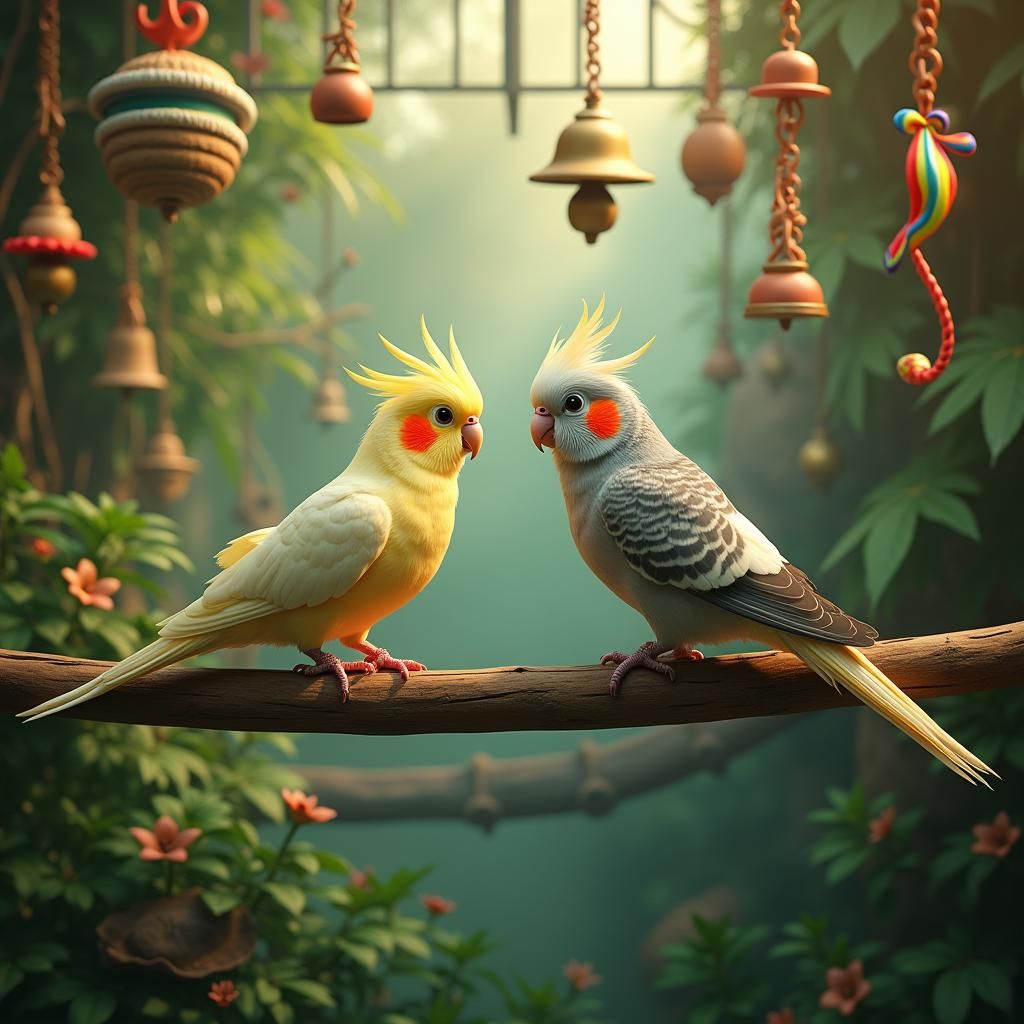 Cockatiels in Emerald Aviary: Fantasy Matte Painting