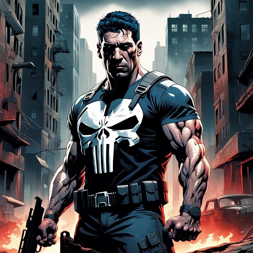 Punisher in Gritty Cityscape Comic Book Art