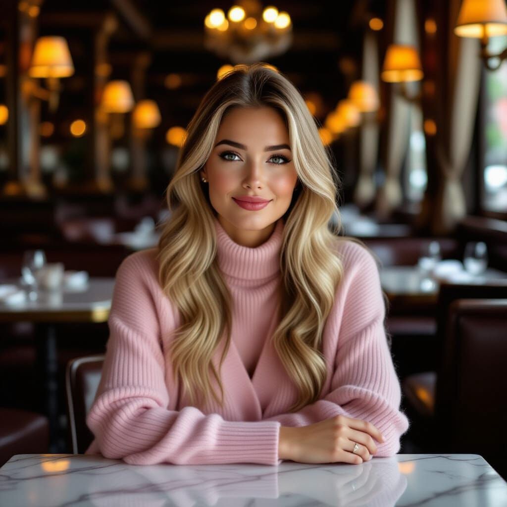 Elegant Woman in Pink Cardigan, Art Nouveau Style