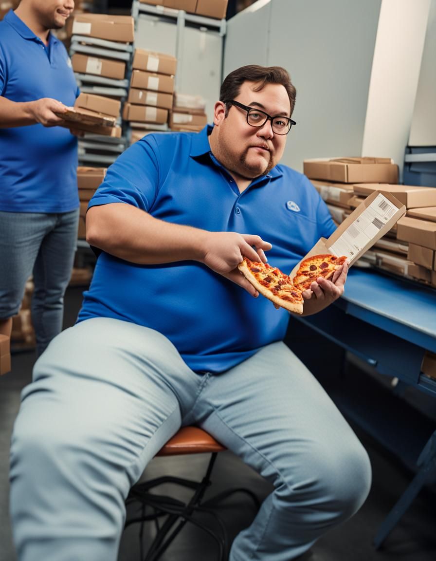 Man with Pizza in Warehouse Photograph