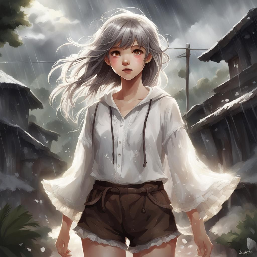 Anime Girl in Rainstorm, Ghibli-Disney Style