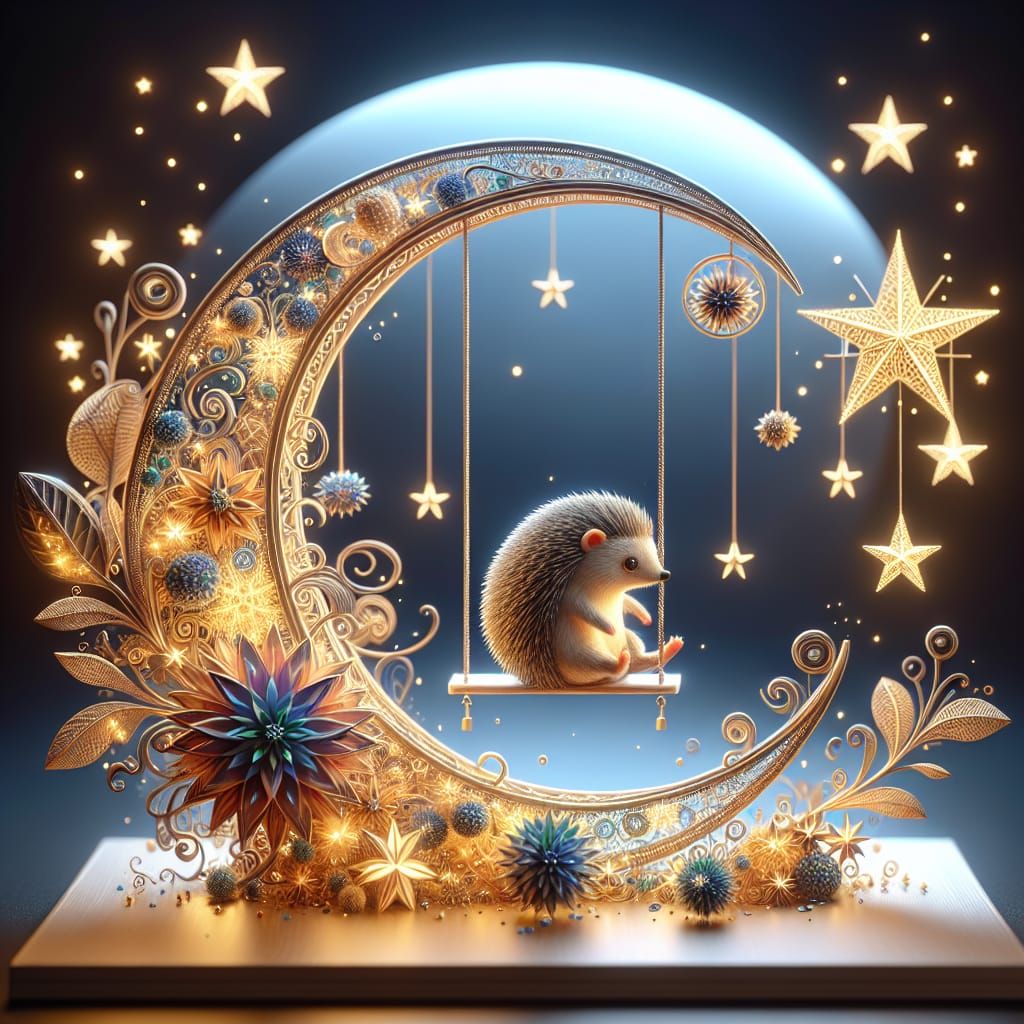 Hedgehog on Moon Swing in Detailed Digital Art