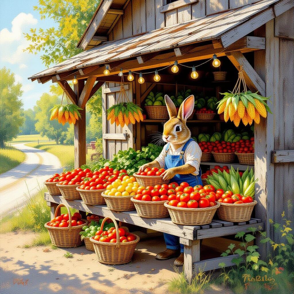 Anthropomorphic Rabbit at Sun-Drenched Farmstand
