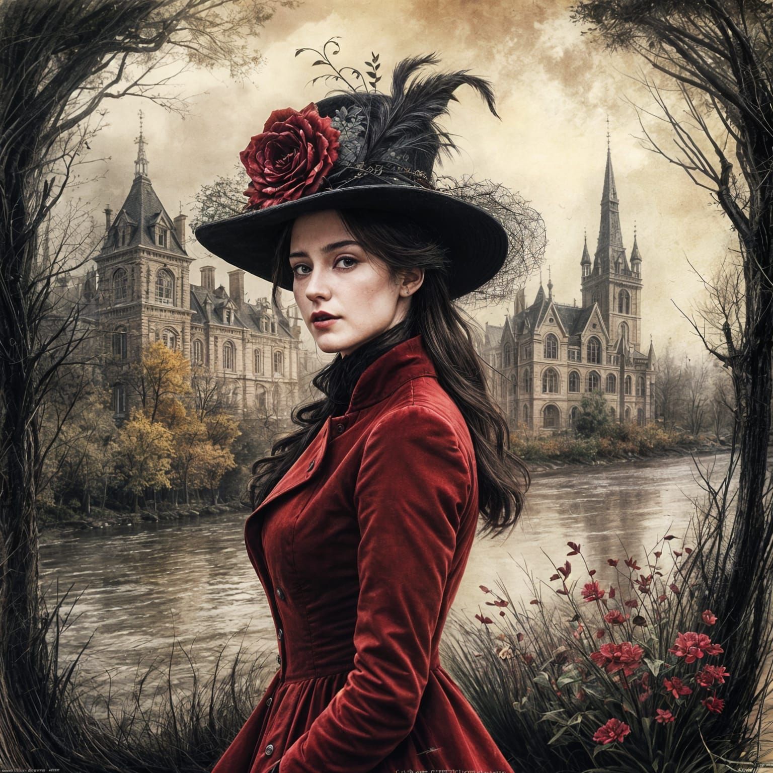 Gothic Victorian Lady in Landscape, Charcoal Style