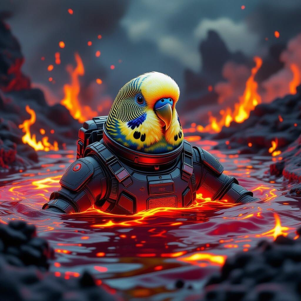 Budgerigar Swims in Lava: A Surreal Industrial Scene