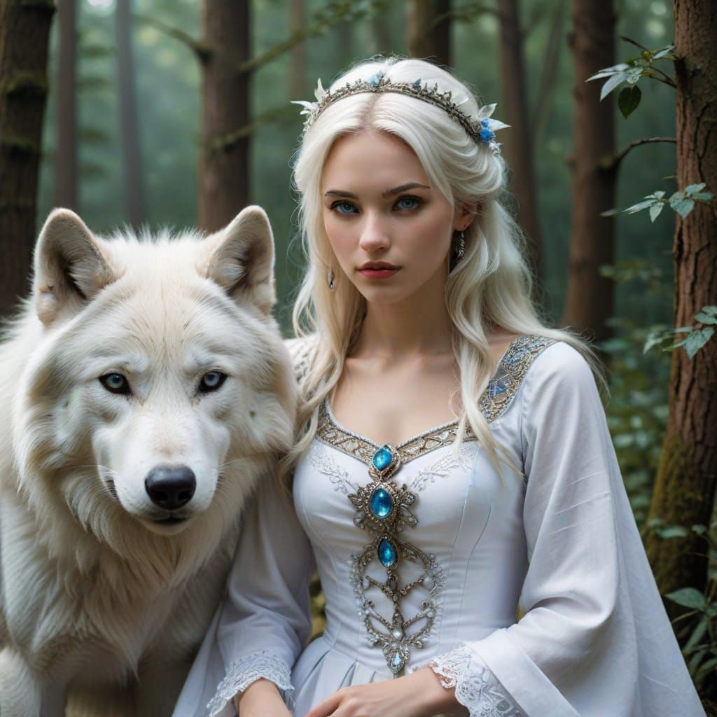 Enchanted Girl with Majestic White Wolf